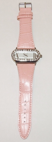 Horloge kast met strass en echt lederen band roze