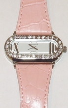 Horloge kast met strass en echt lederen band roze 
